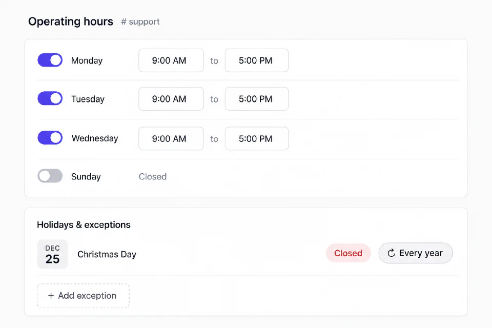 Simplified Chatlio operating hours with weekday schedules, Sunday closed and a recurring holiday exception.